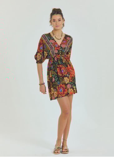 V Neck Elastic Waist Backless Black Floral Dress 4565
